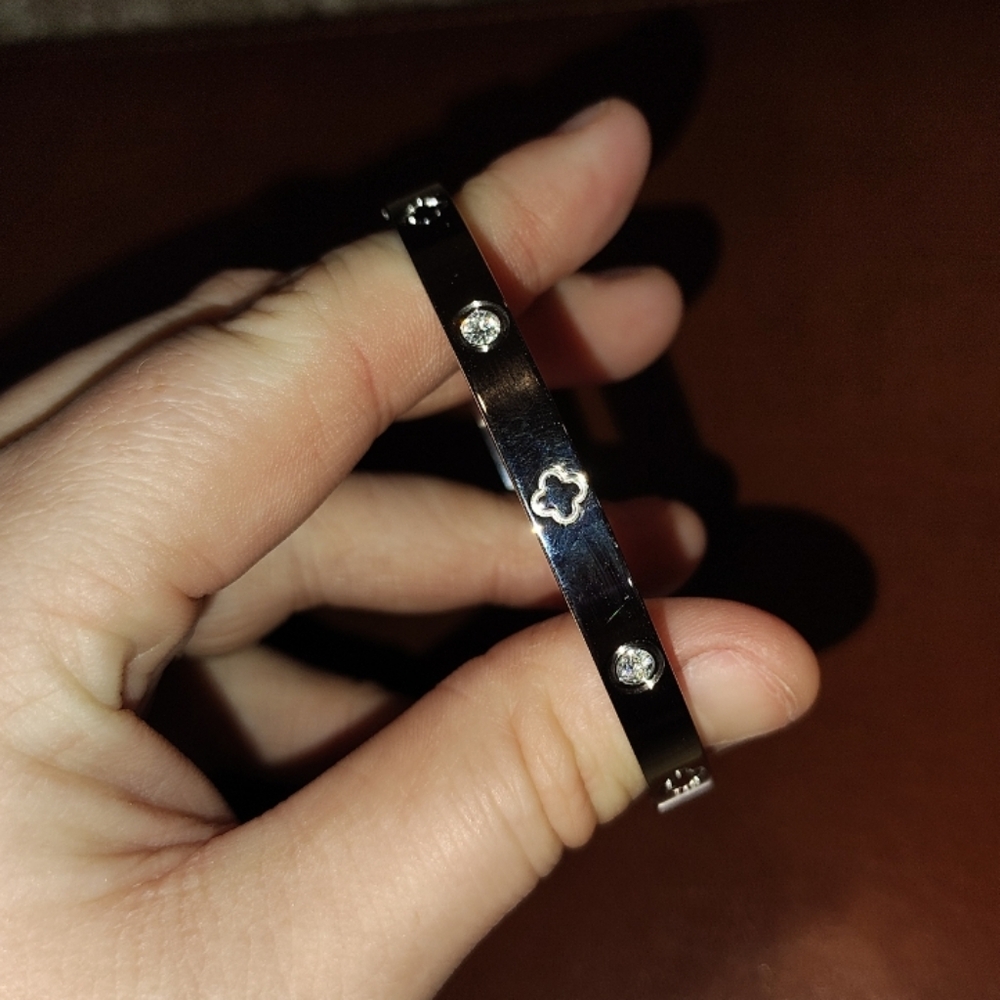 Elegant Silver Colored Bracelet with Crystal Accents Hinged Closure - Picture 4 of 7